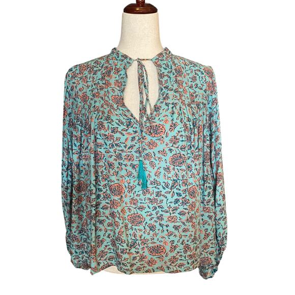 Natalie Martin Boho Chic Floral Printed Tie Neck Long Sleeve Rayon Blouse S Blue - Picture 1 of 14